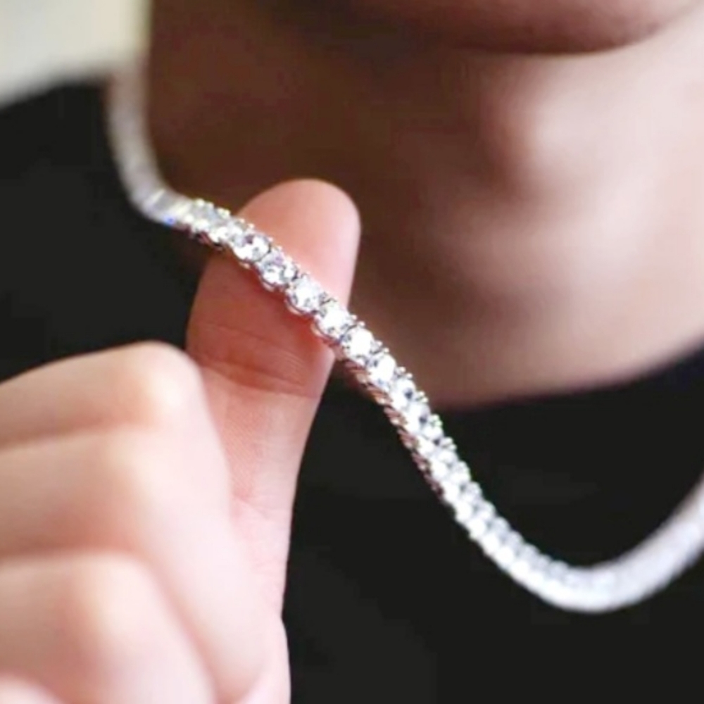 Iced Out Tennis Necklace Diamond CZ Chain Choker White Gold Silver.